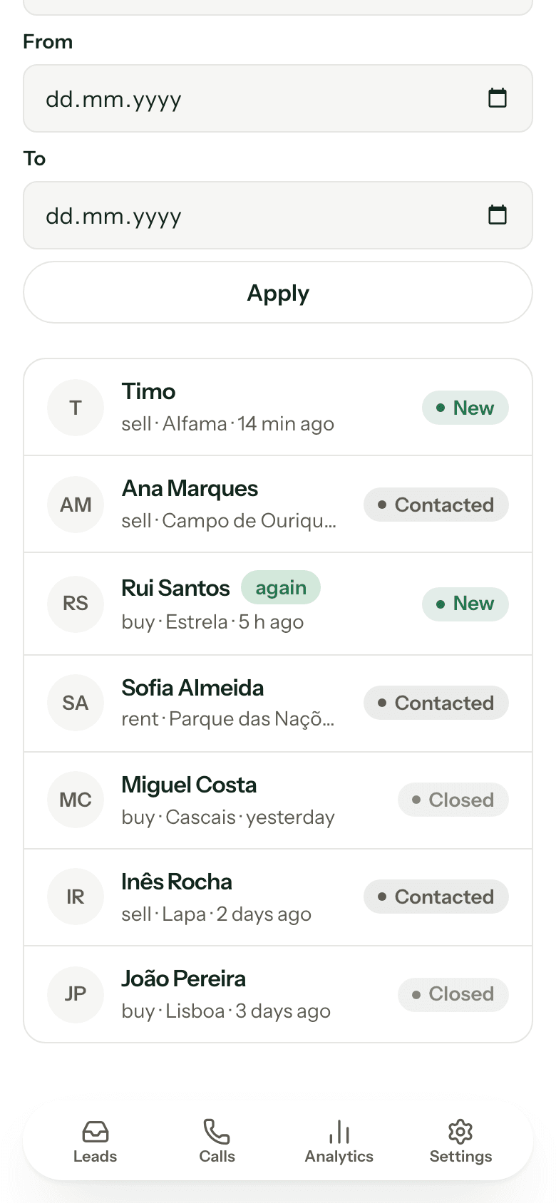 The Hijey dashboard's leads list: Timo, Ana Marques, Rui Santos and more, each with intent, area and status.